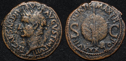 RI Tiberius AE As 14-37 CE Laureate-Pont Max Globe Rudder sinister left RIC I 58.jpg
