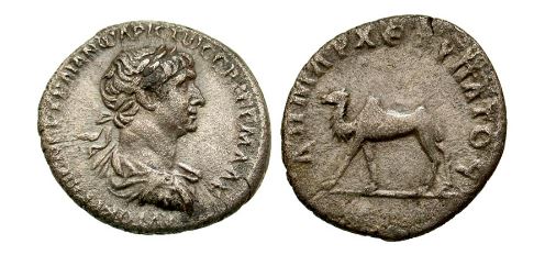 RI Trajan CE 98-117 AR drachm Struck CE 114-116 Arabia Petraea Bostra - Camel SNG ANS 1158.JPG