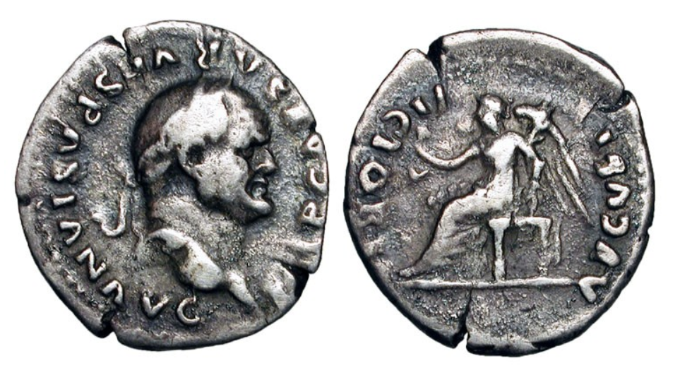 RI Vespasian 69-79 CE AR Quinarius Victory seated wreath palm RIC 802 Rare.PNG