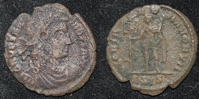 RI Vetranio 350 CE AE3 17mm Siscia mint Emp stdng hldg Standard and Spear Obv-Rev.jpg