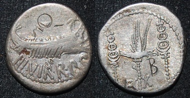 RImp Marc Antony 32-31 BCE AR Legio X Denarius B bankers mark Eagle Galley Standards Obv-Rev.jpg