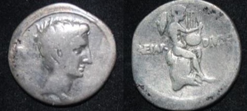 RImp Octavian 32-31 BCE AR Den Rome mint Bare CAESAR DIVI F Mercury lyre RIC 257 Sear 1550.jpg