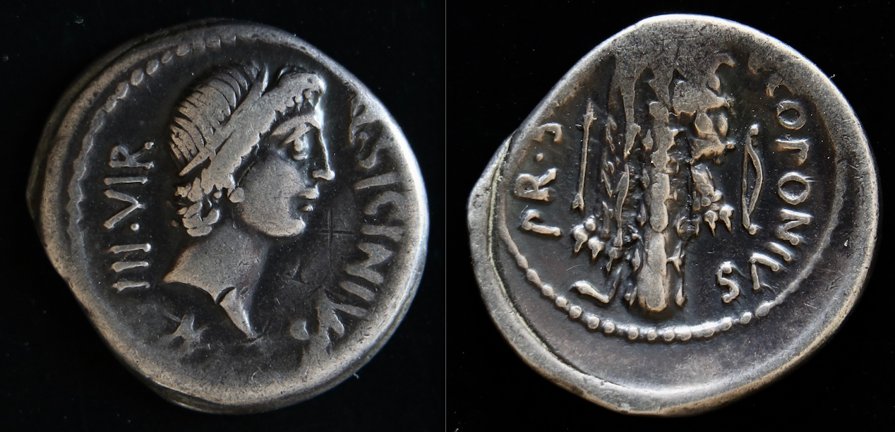 Römische Republik – Denar, Coponius:Sicinius, Apollo, Keule und Löwenfell.png