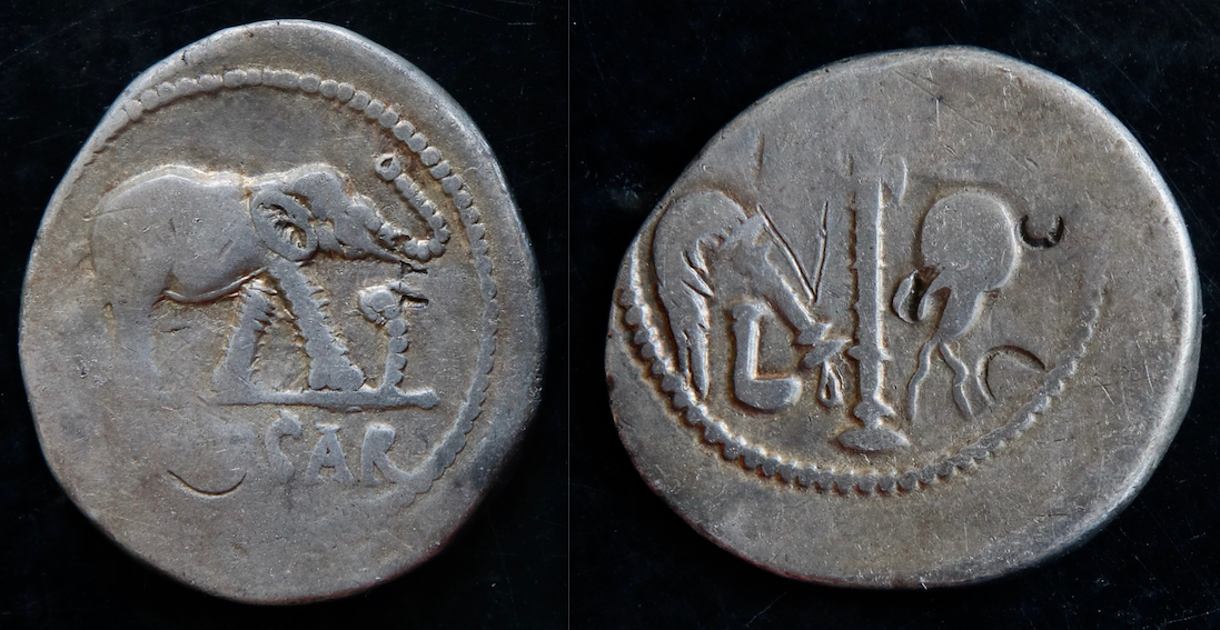Römische Republik – Denar, Julius Caesar, Elephant.png