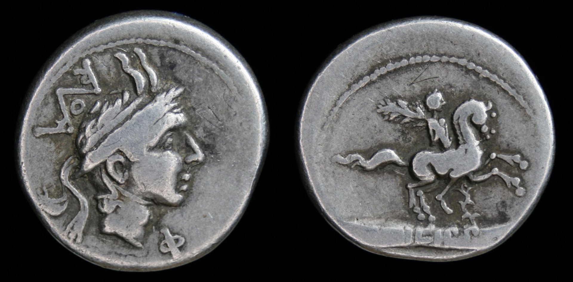 Römische Republik – Denar, L. Marcius Philippus, Philip V Reiterstatue.jpg