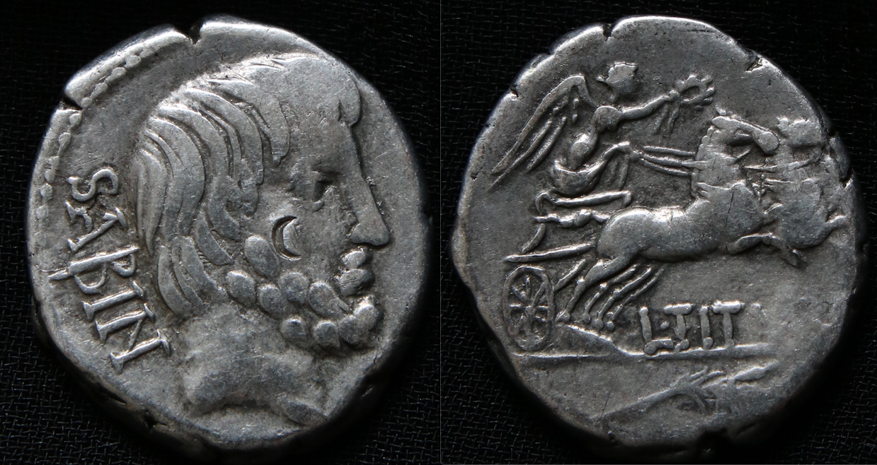 Römische Republik – Denar, L. Titurius Sabinus, Victoria in Biga mit Kranz.png