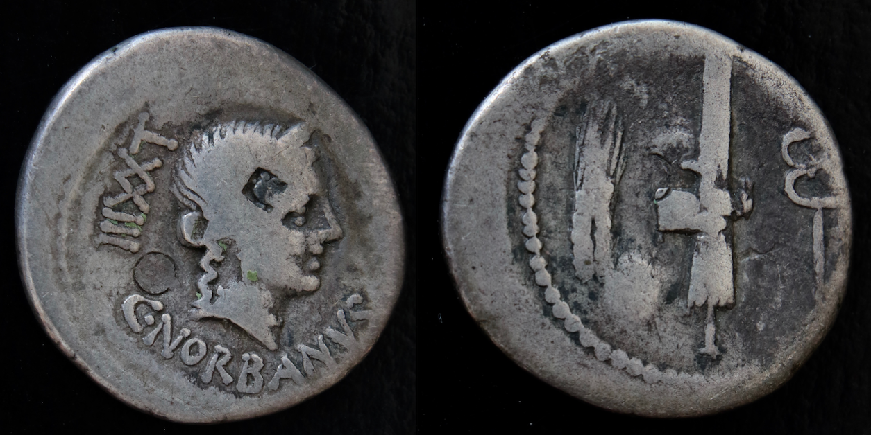 Römische Republik – Denar, Norbanus, Venu::Ähre, fasces, caduceus.png