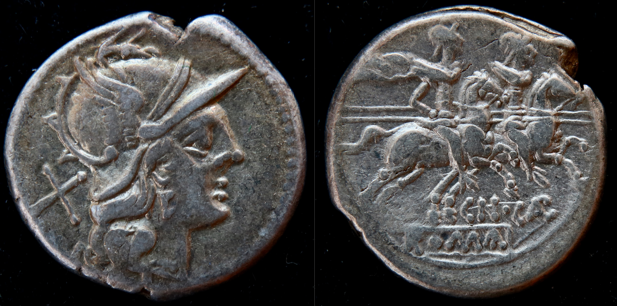 Römische Republik – RRC 153:1, Denar, Calpurnius Piso, Roma und Dioskuren (Foto 2).png
