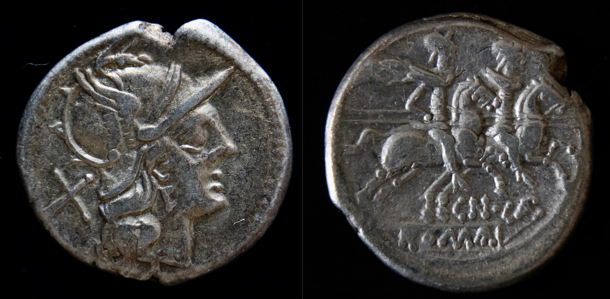 Römische Republik – RRC 153:1, Denar, Calpurnius Piso, Roma und Dioskuren.png