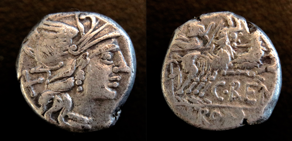 Römische Republik – RRC 231:1, Denar, Renius, Roma und Ziegenbiga (altes Foto).png
