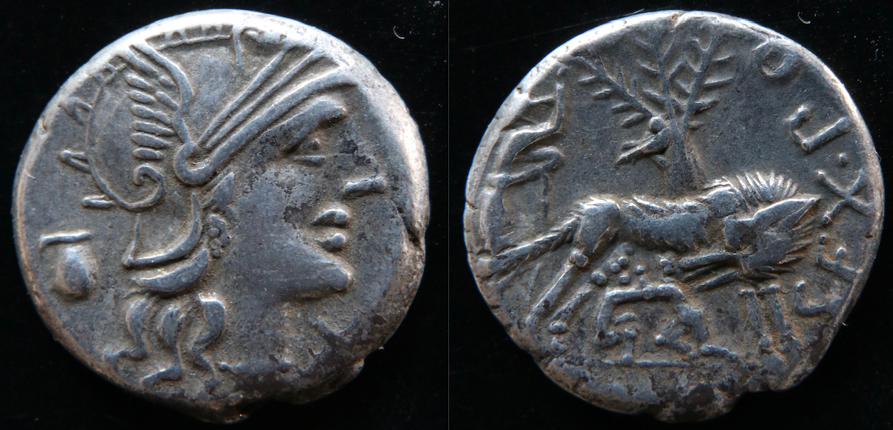 Römische Republik – RRC 235:1c, Denar, Sex. Pomeius Fostlus, Romulus und Remus mit Wölfin.png