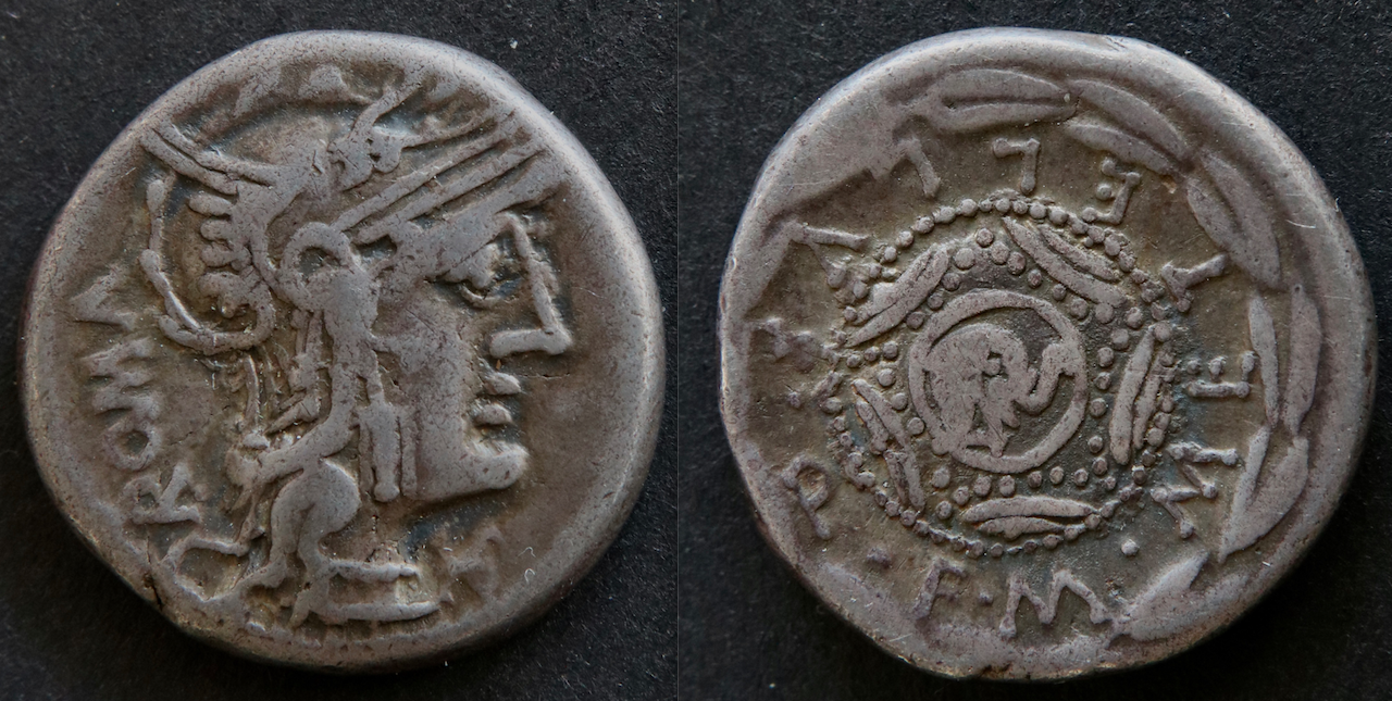Römische Republik – RRC 263:1a, Denar, M C Metellus, mak. Schild u. Elefant.png