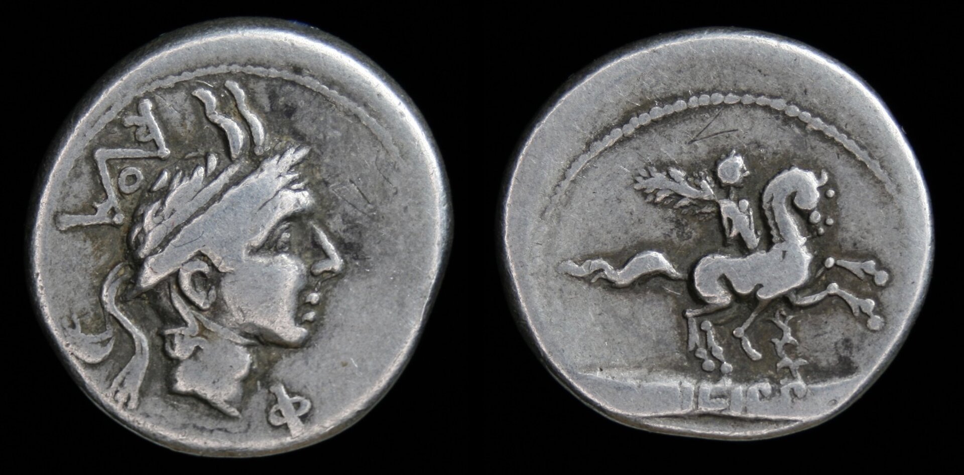 Römische Republik – RRC 293:1, Denar, L. Marcius Philippus, Philip V Reiterstatue.jpg