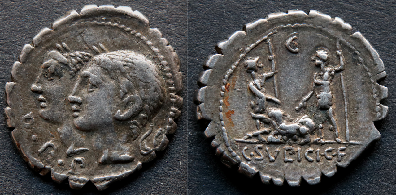 Römische Republik – RRC 312:1, Serratus, Sulpicus, Penaten u. Schwein.png