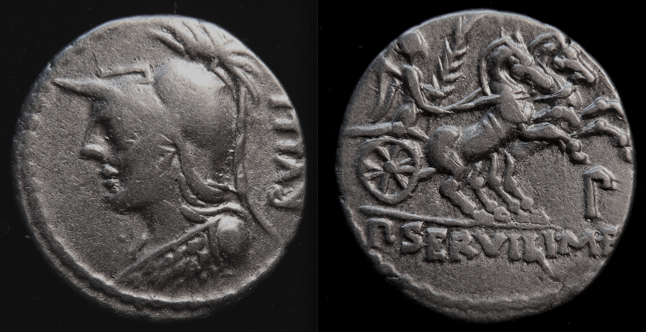 Römische Republik – RRC 328, Denar, Servilius, Minerva u. Biga.png