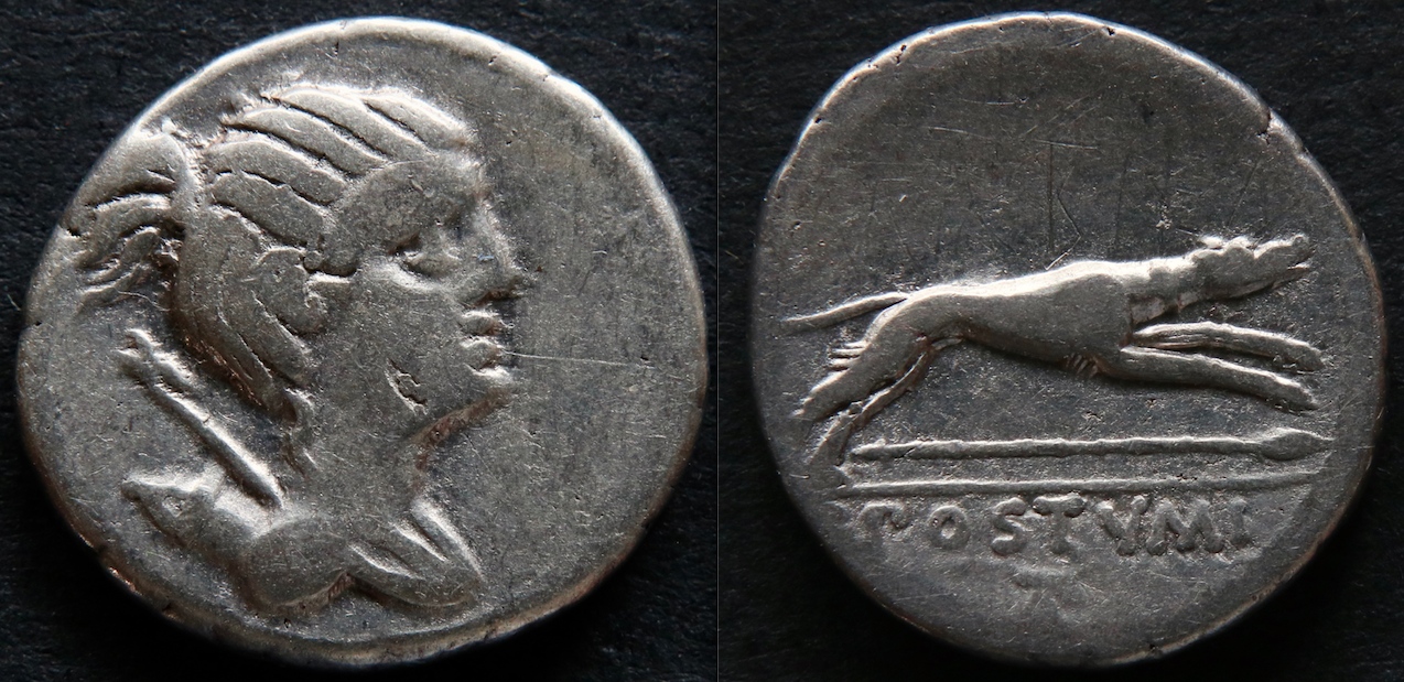 Römische Republik – RRC 394:1a, Denar, C. Postumius, Diana und Hund.png