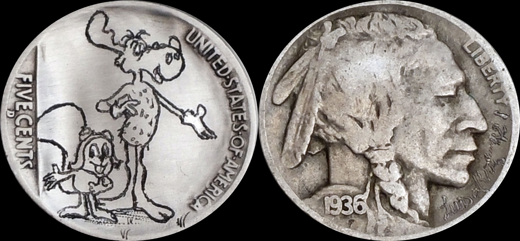 Rocky and Bullwinkle #421 Hand Engraved Hobo Nickel by Luis A Ortiz 1-horz.jpg