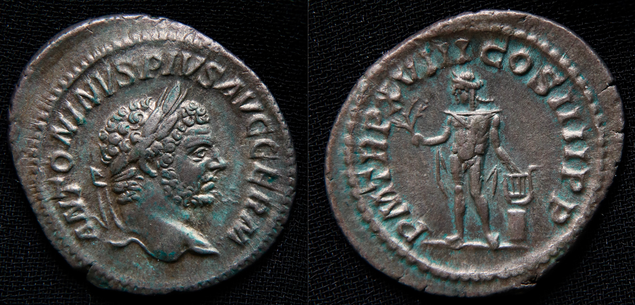 Rom – Caracalla, denar, Apollo mit Leier.png