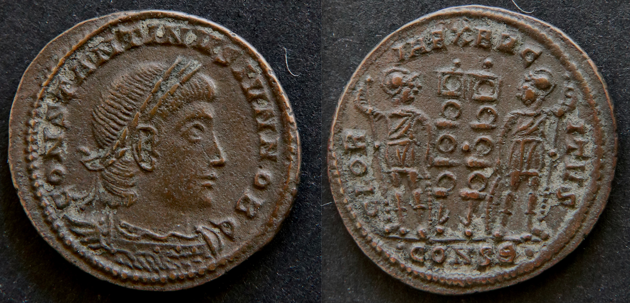 Rom – Constaninus II Junior, AE 3, Konstantinopel, Gloria Exercitus, RIC 81..png
