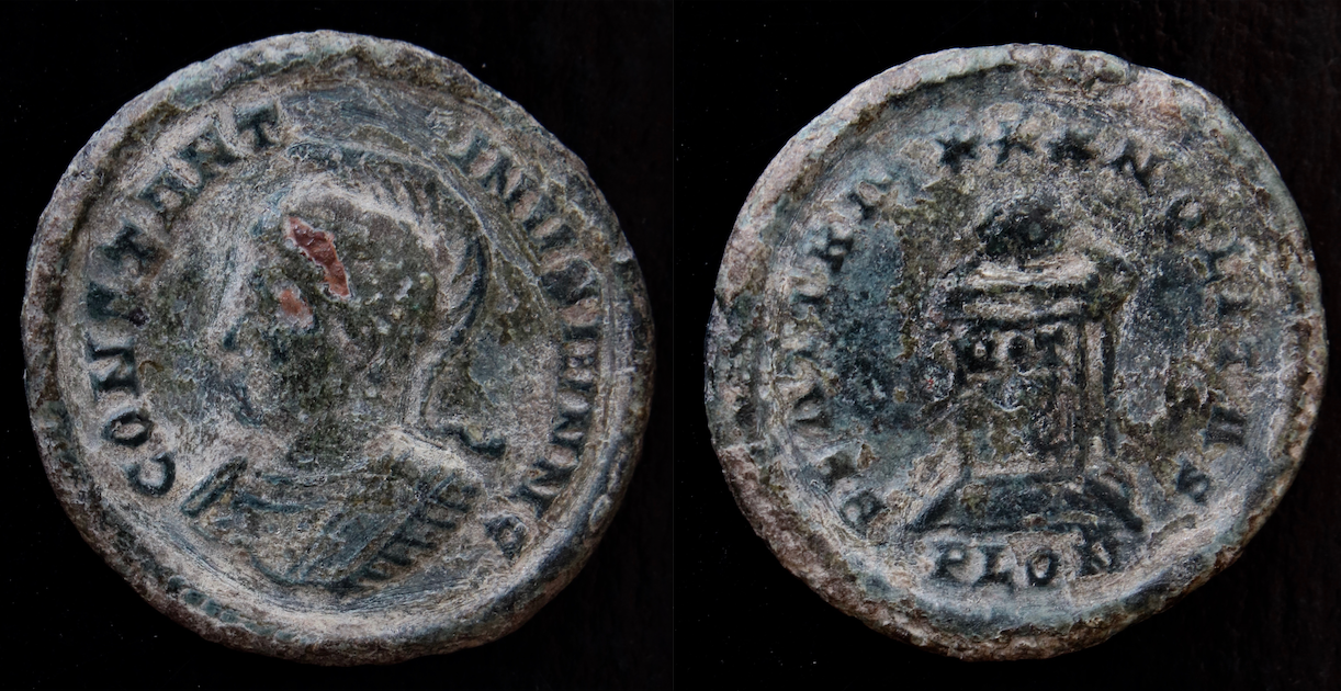 Rom – Constantinus II Junior, AE3, Beata Tranquilitas, London, helmeted.png
