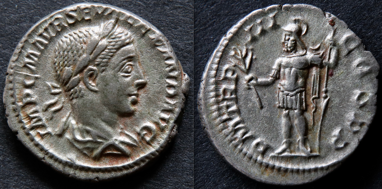 Rom – Severus Alexander, Denar, Mars stehend mit Zweig (neu).png