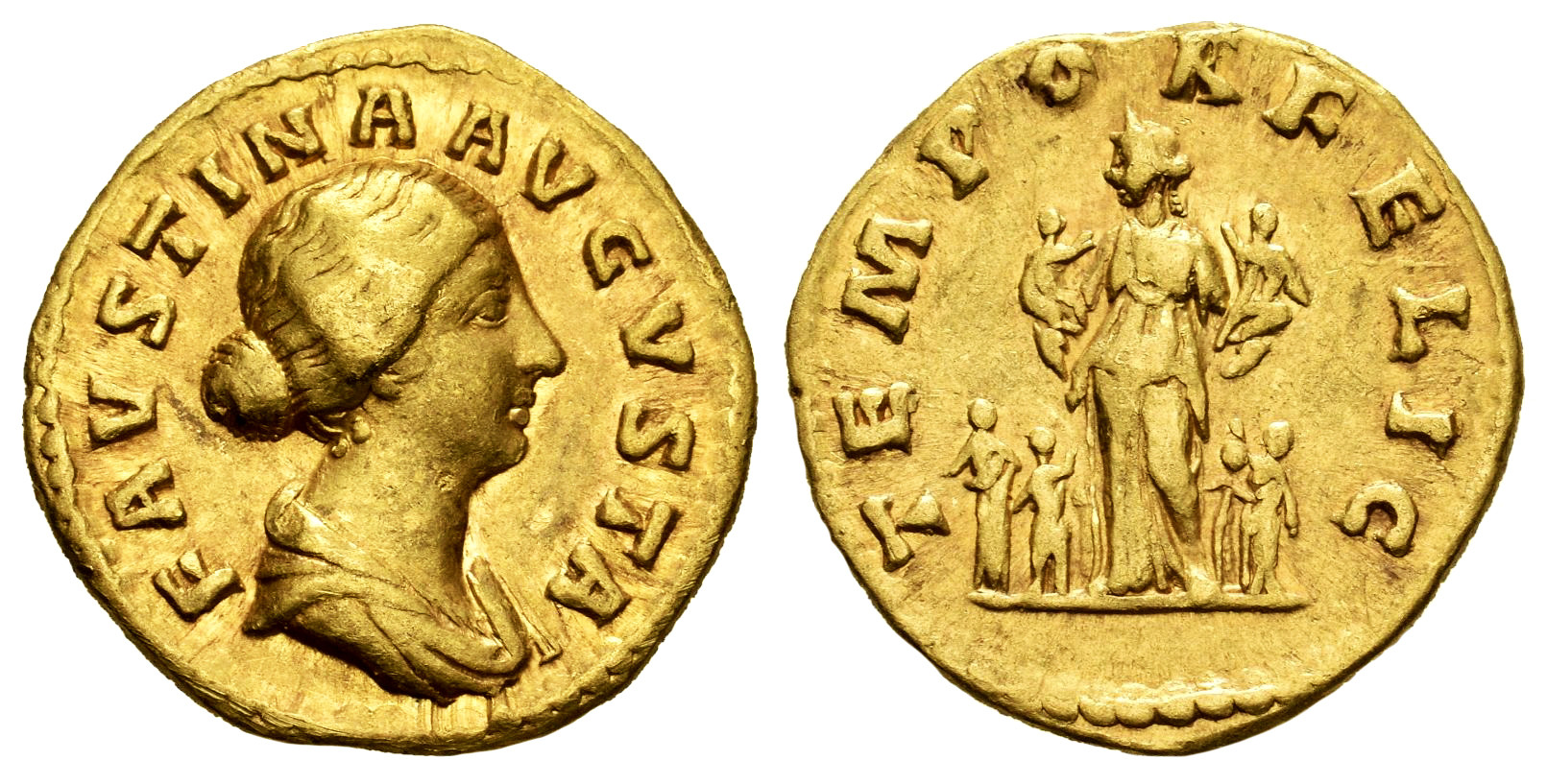 Roman Empire Gold Aureus of Faustina the Younger (minted in Rome sometime between 161 and 175).jpg