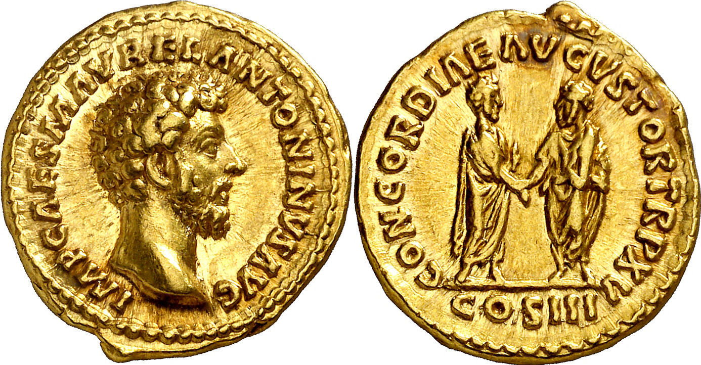 Roman Empire Gold Aureus of Marcus Aurelius (minted in Rome in either 161 or 162).jpg