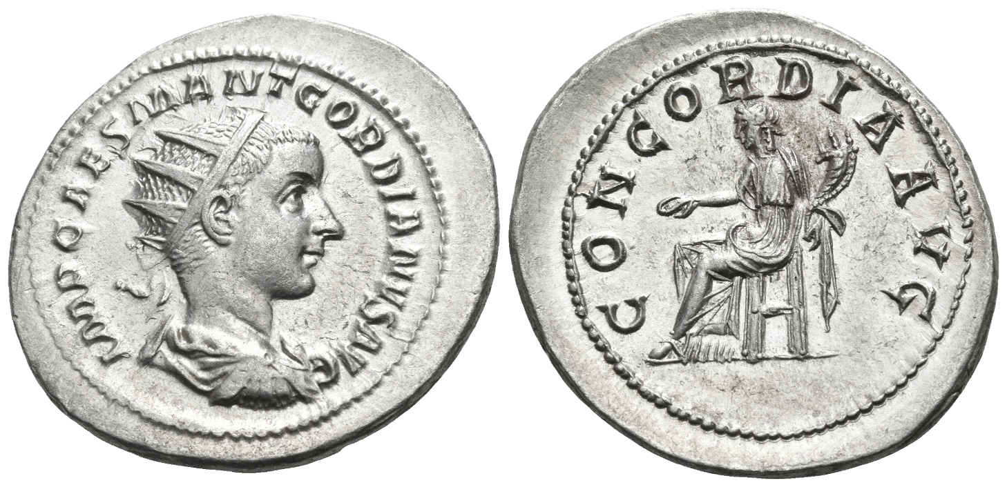 Roman Empire Silver Antoninianus of Gordian III (minted in Rome in 240).jpg