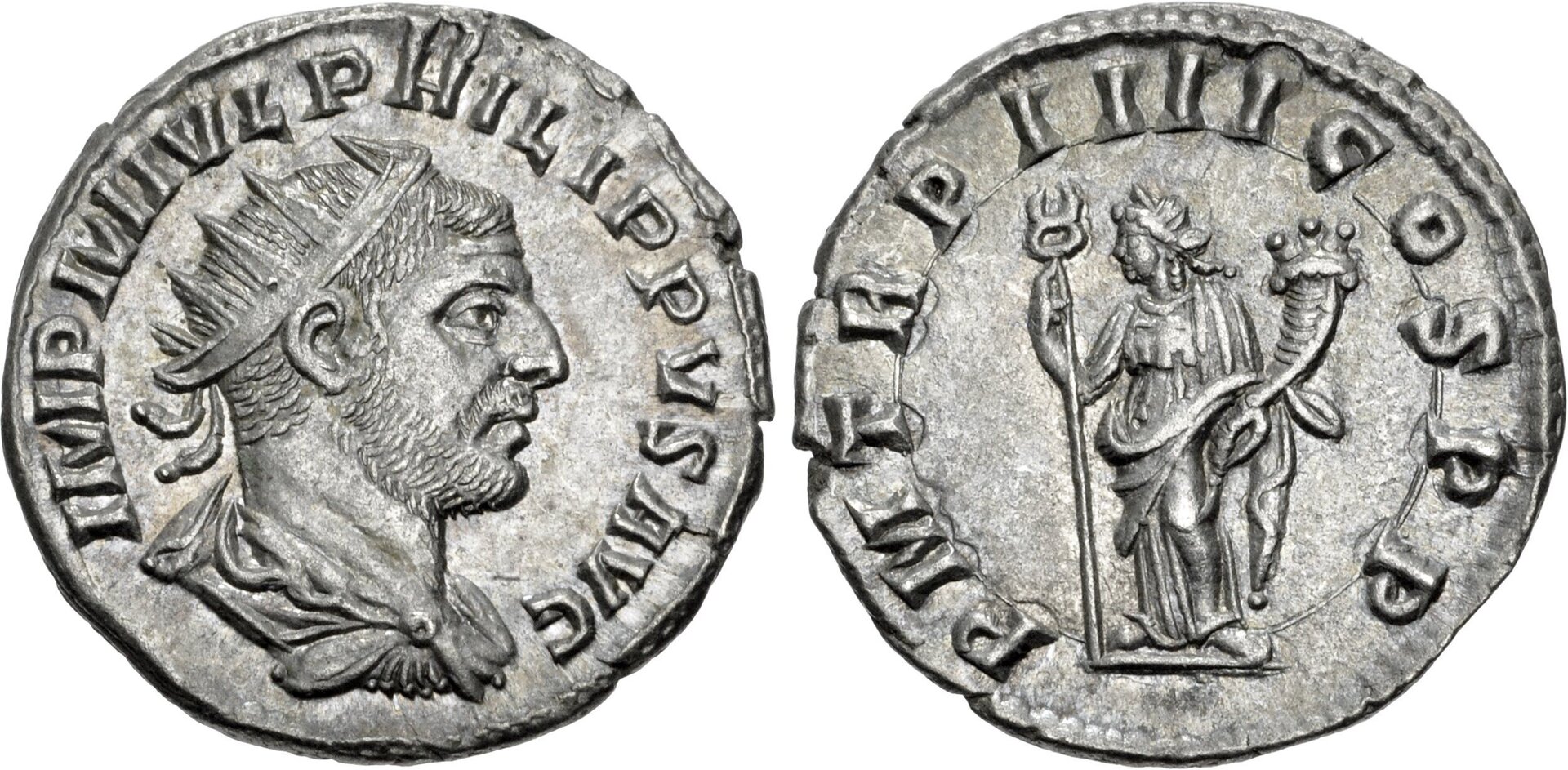 Roman Empire Silver Antoninianus of Philip I (minted in Antioch in 247).jpg