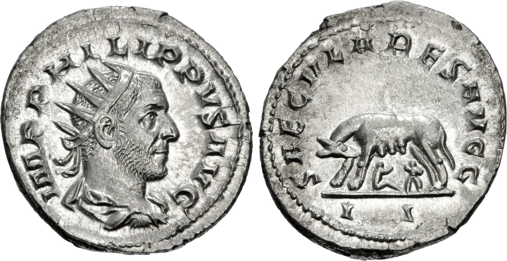 Roman Empire Silver Antoninianus of Philip I (minted in Rome in 248).jpg