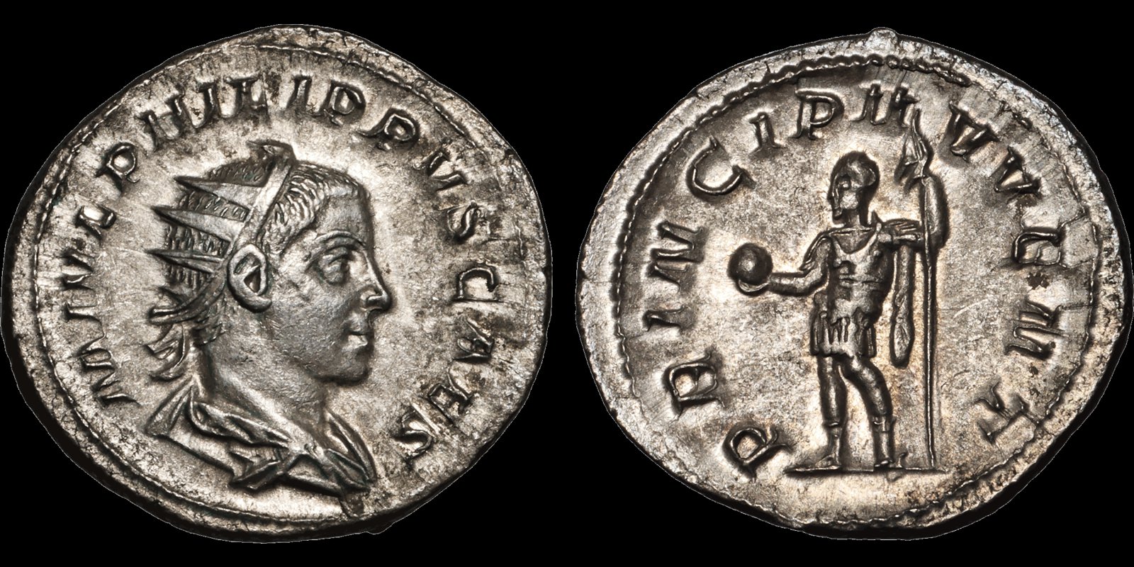 Roman Empire Silver Antoninianus of Philip II (minted in Rome sometime between 244 and 246).jpg