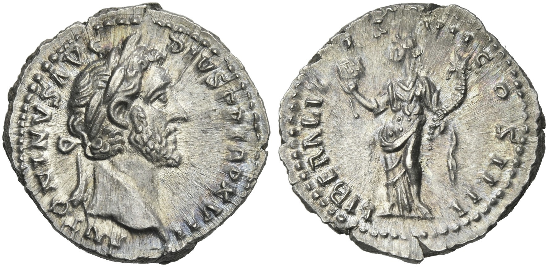 Roman Empire Silver Denarius of Antoninus Pius (minted in Rome in either 153 or 154).jpg