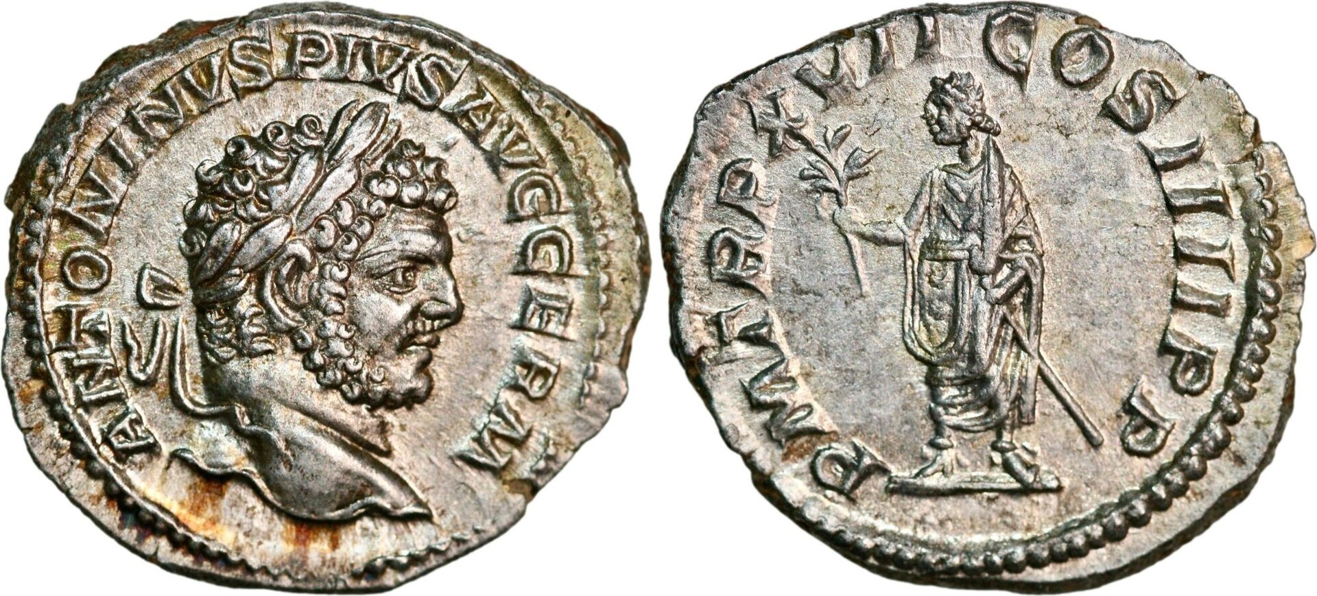 Roman Empire Silver Denarius of Caracalla (minted in Rome in 214).jpg