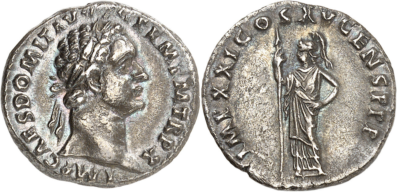 Roman Empire Silver Denarius of Domitian (minted in Rome in either 90 or 91).jpg