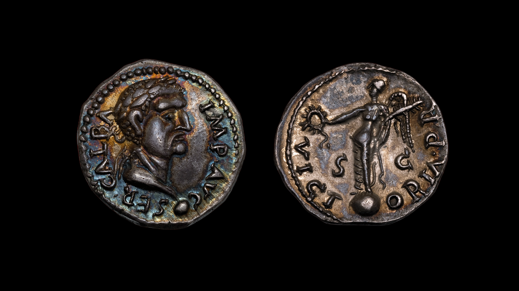 Roman Empire Silver Denarius of Galba (minted in Carthage in either 68 or 69).png