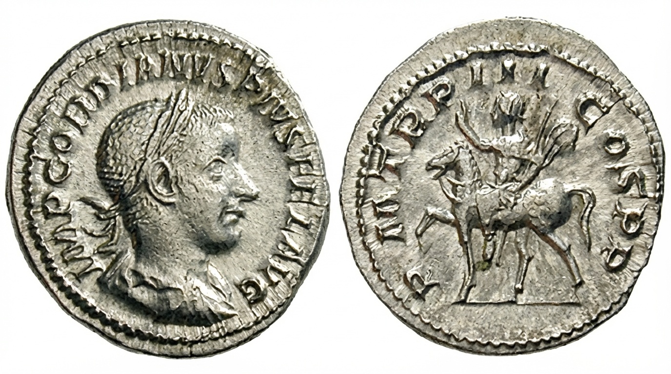 Roman Empire Silver Denarius of Gordian III (minted in Rome in 241).jpg