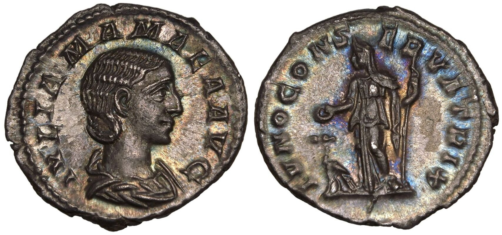 Roman Empire Silver Denarius of Julia Mamaea (minted in Rome sometime between 222 and 235).jpg