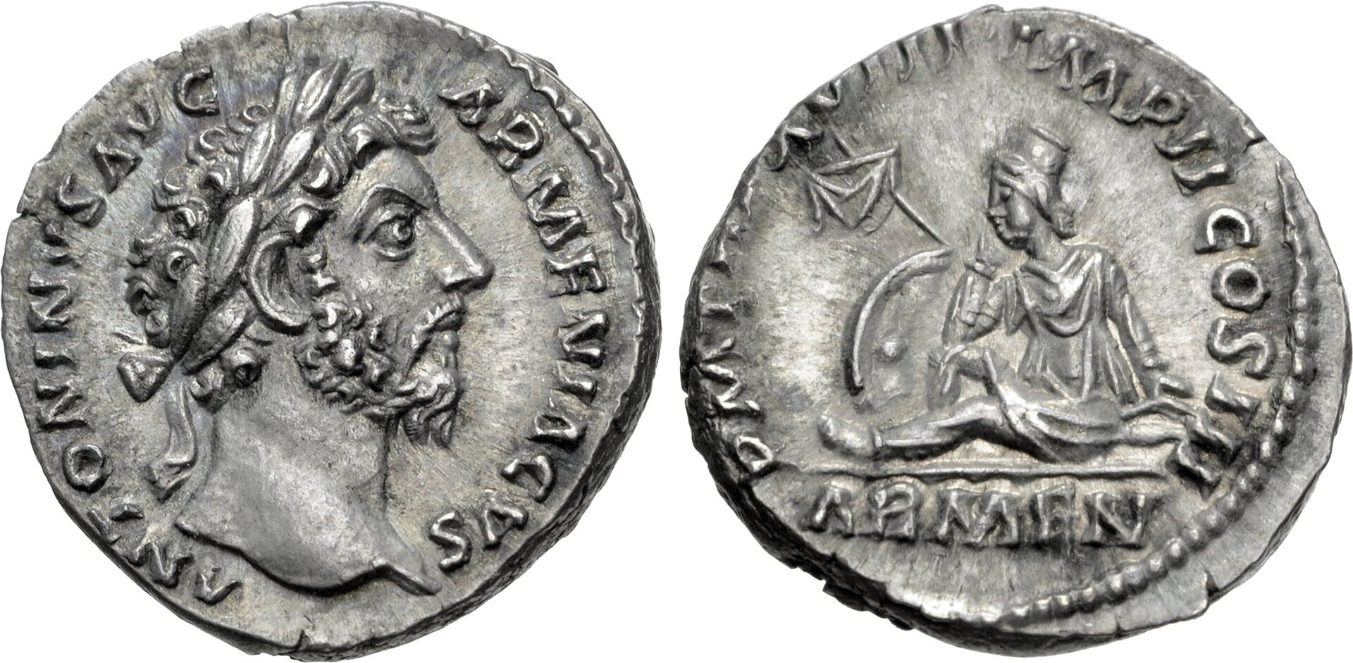 Roman Empire Silver Denarius of Marcus Aurelius (minted in Rome in 164).jpg