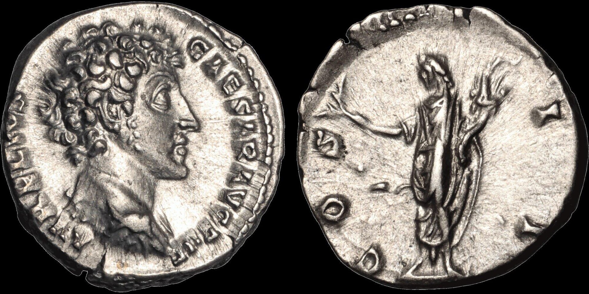 Roman Empire Silver Denarius of Marcus Aurelius (minted in Rome sometime between 145 and 147).jpg
