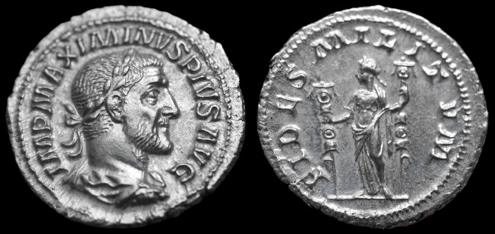 Roman Empire Silver Denarius of Maximinus Thrax (minted in Rome in 236).jpg