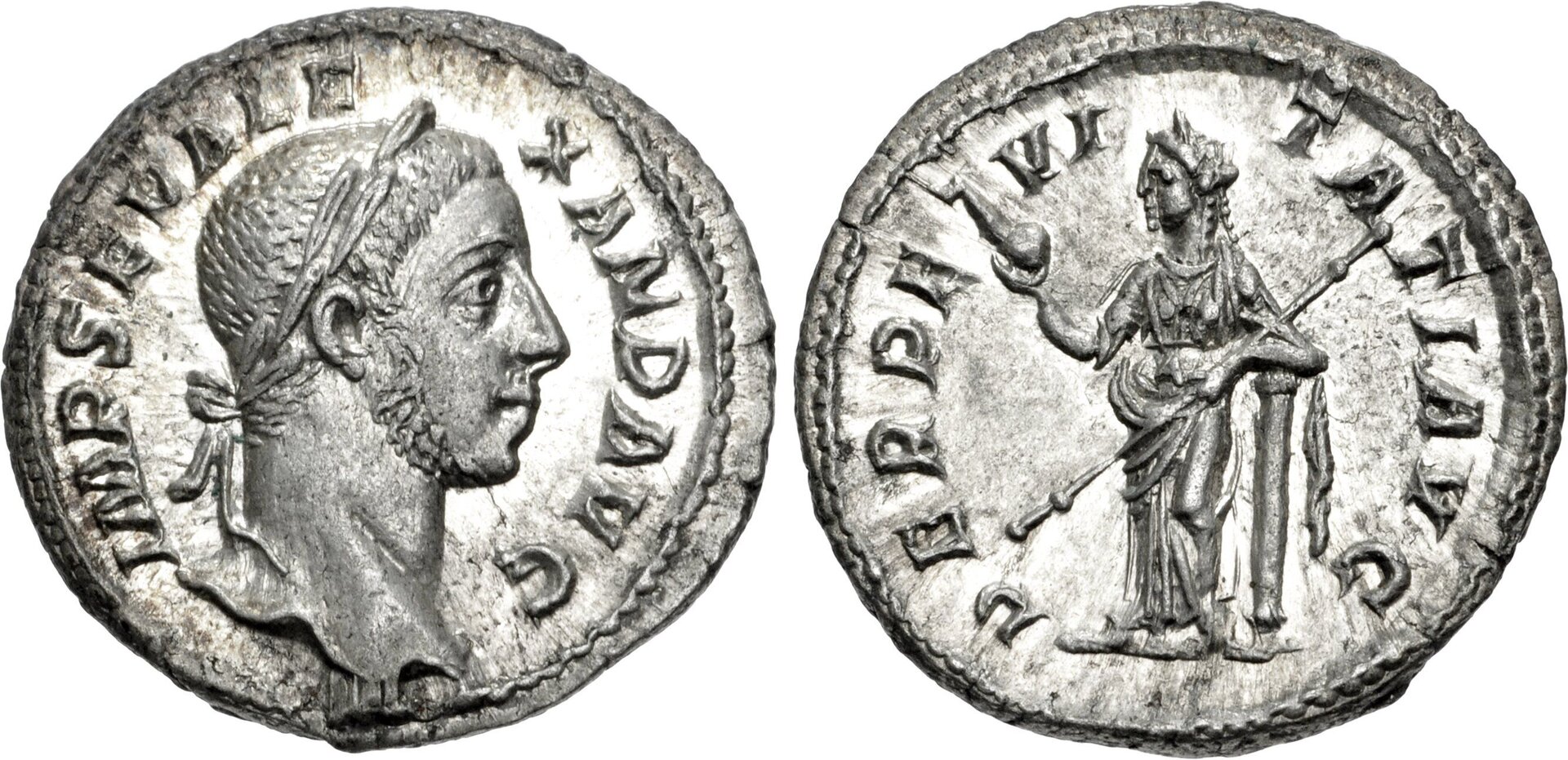Roman Empire Silver Denarius of Severus Alexander (minted in Rome in 228).jpg