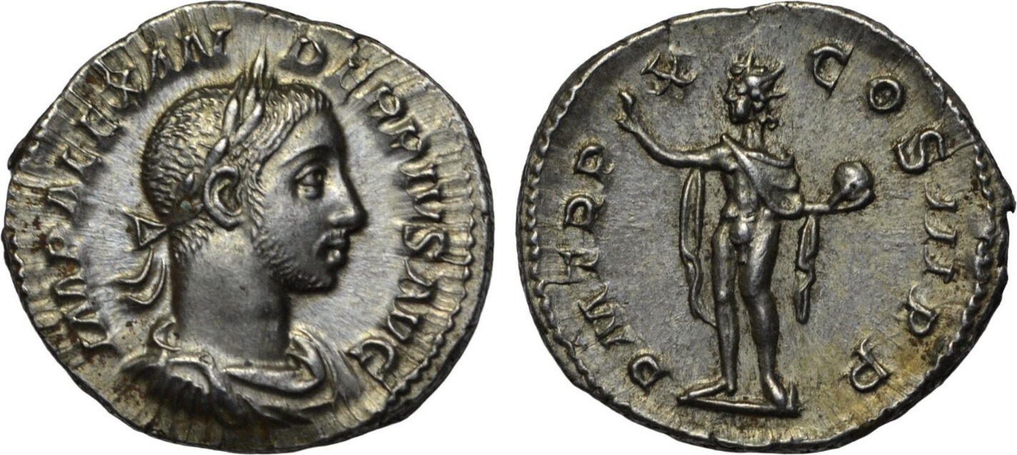 Roman Empire Silver Denarius of Severus Alexander (minted in Rome in 231).jpg