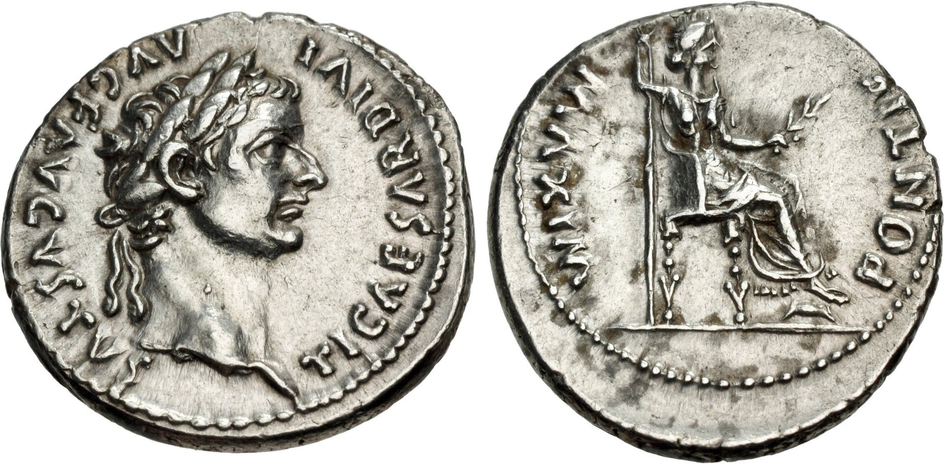 Roman Empire Silver Denarius of Tiberius (minted in Lugdunum in either 36 or 37).jpg