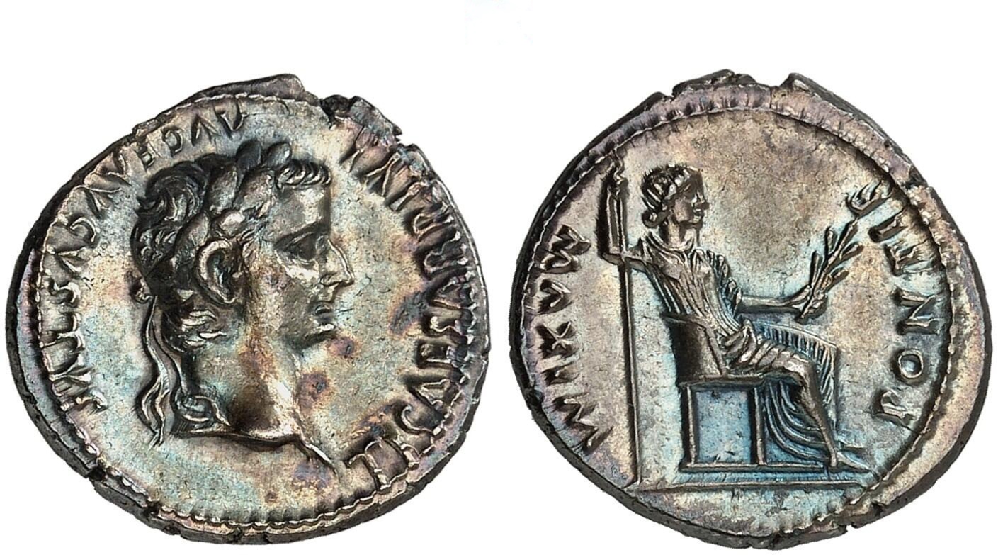 Roman Empire Silver Denarius of Tiberius (minted in Lugdunum sometime between 15 and 18).jpeg