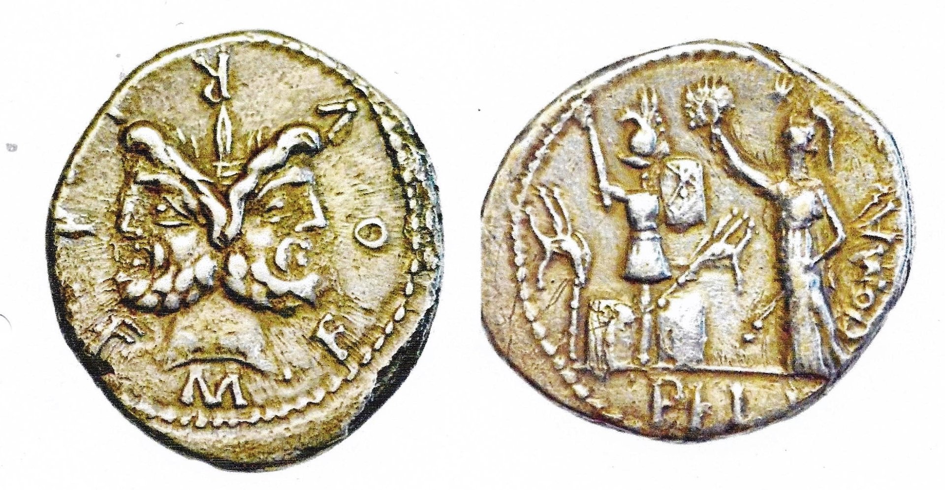Roman Republic Denarius 119 BCE - Fonteius Obv. Janus; Rev. Roma crowning trophy.jpg