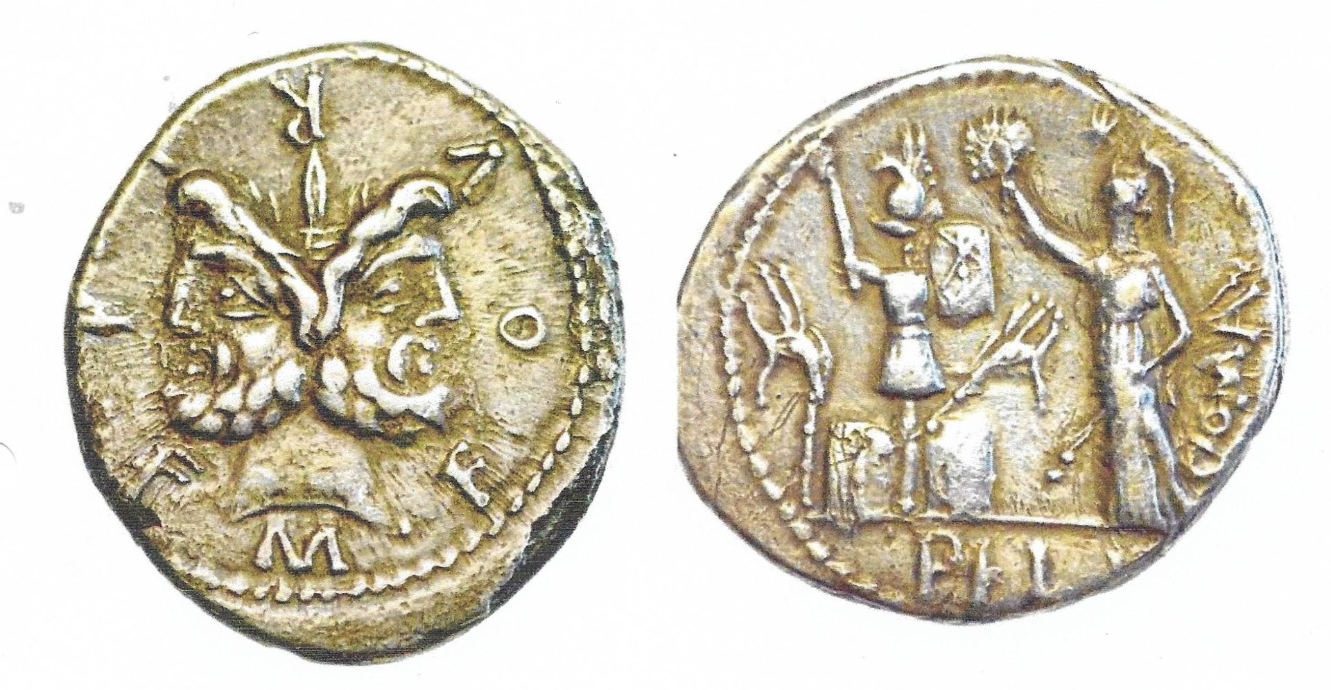 Roman Republic Denarius 119 BCE - Obv. Janus; Rev. Roma crowning trophy.jpg