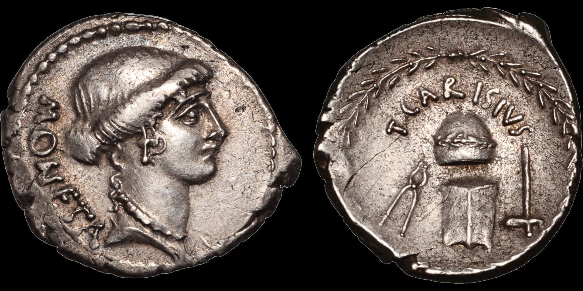 Roman Republic Silver Denarius (minted in Rome in 46 BCE by Titus Carisius).jpg