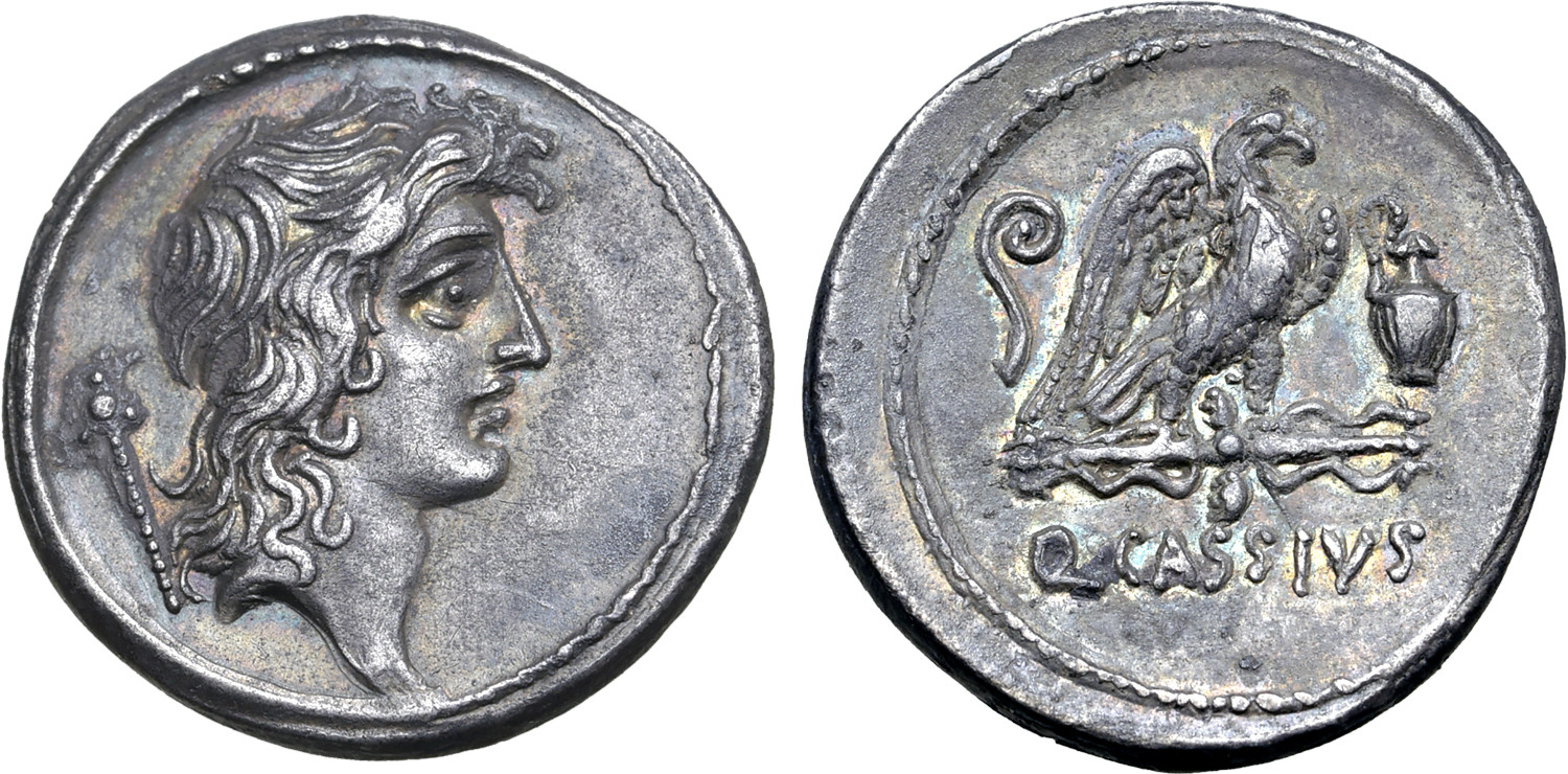 Roman Republic Silver Denarius (minted in Rome in 55 BCE by Quintus Cassius Longinus).jpg