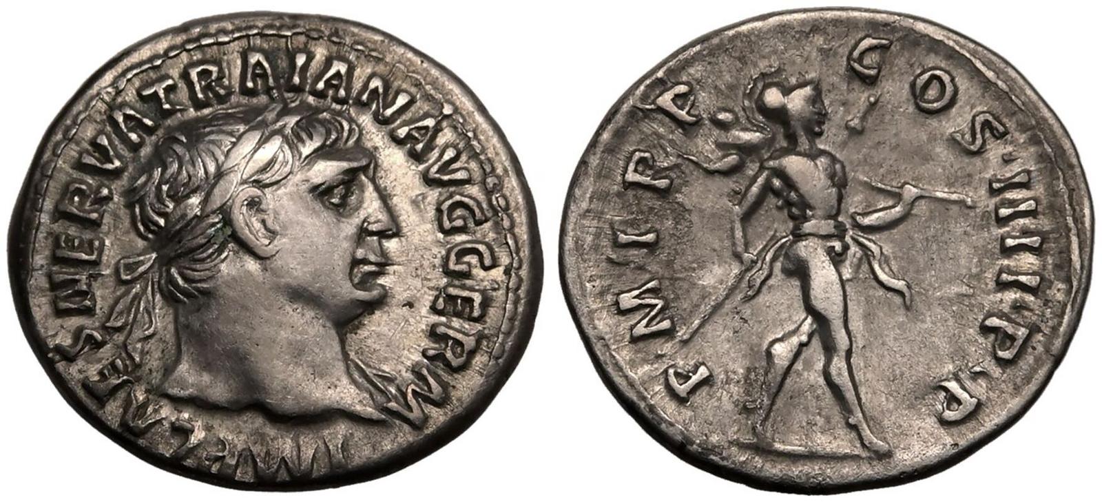 Roman Silver Denarius of Trajan (minted in Rome in either 101 or 102).jpg