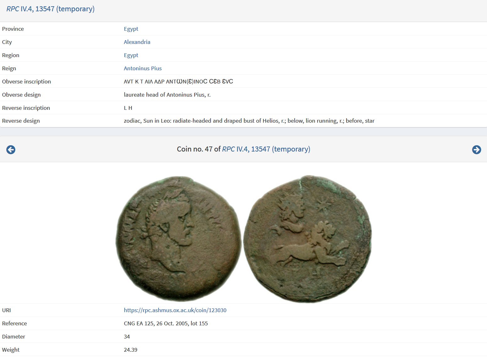 RPC Antoninus Pius - Alexandria Drachm Sun in Leo 2248.jpg